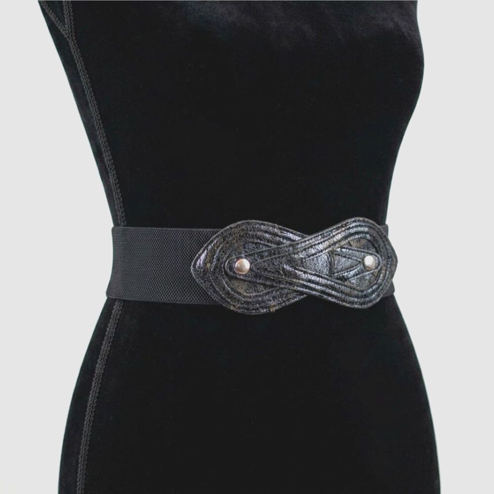 Vintage 80s Black Leather Stretch Waist Corset Cinch Belt OS Woven Snap Edgy - Picture 1 of 10